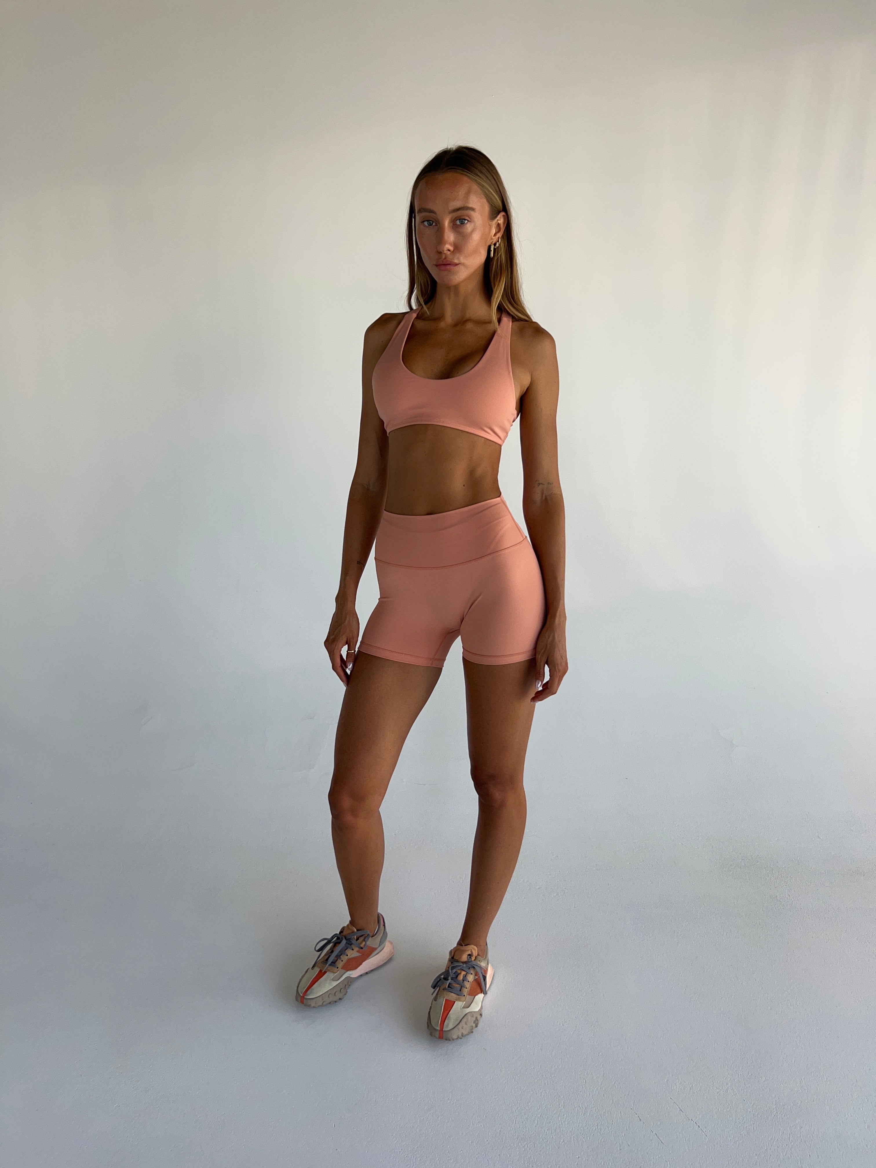 Peach 4" Shorts - Front View, Peach V-crop - Front View