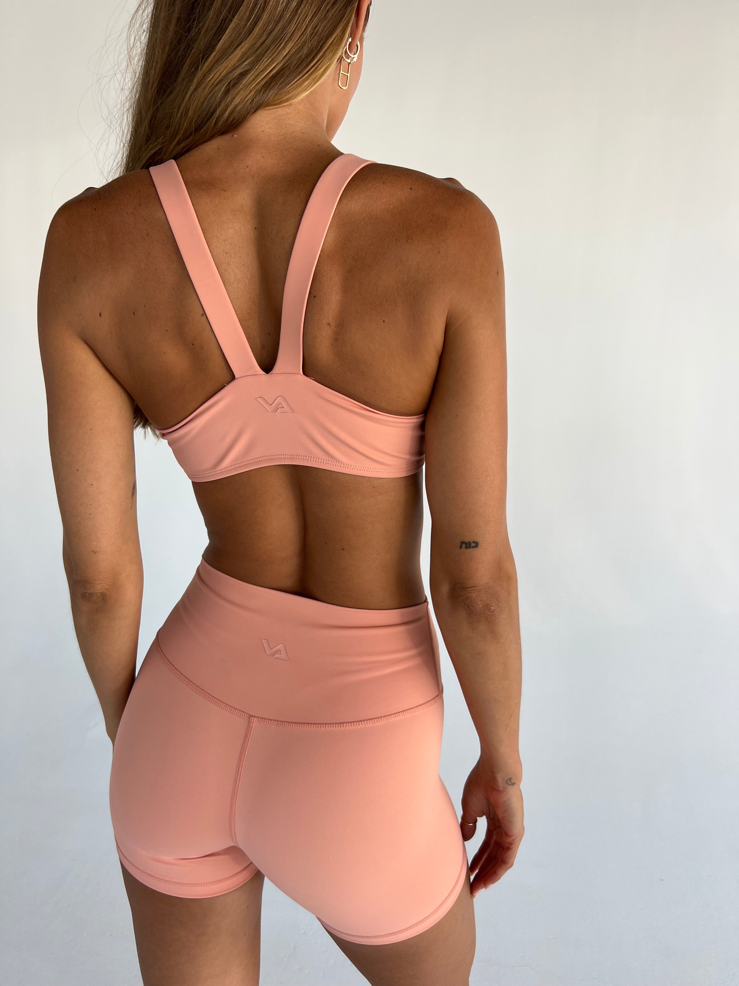 Peach 4" Shorts - Back View, Peach V-crop - Back View