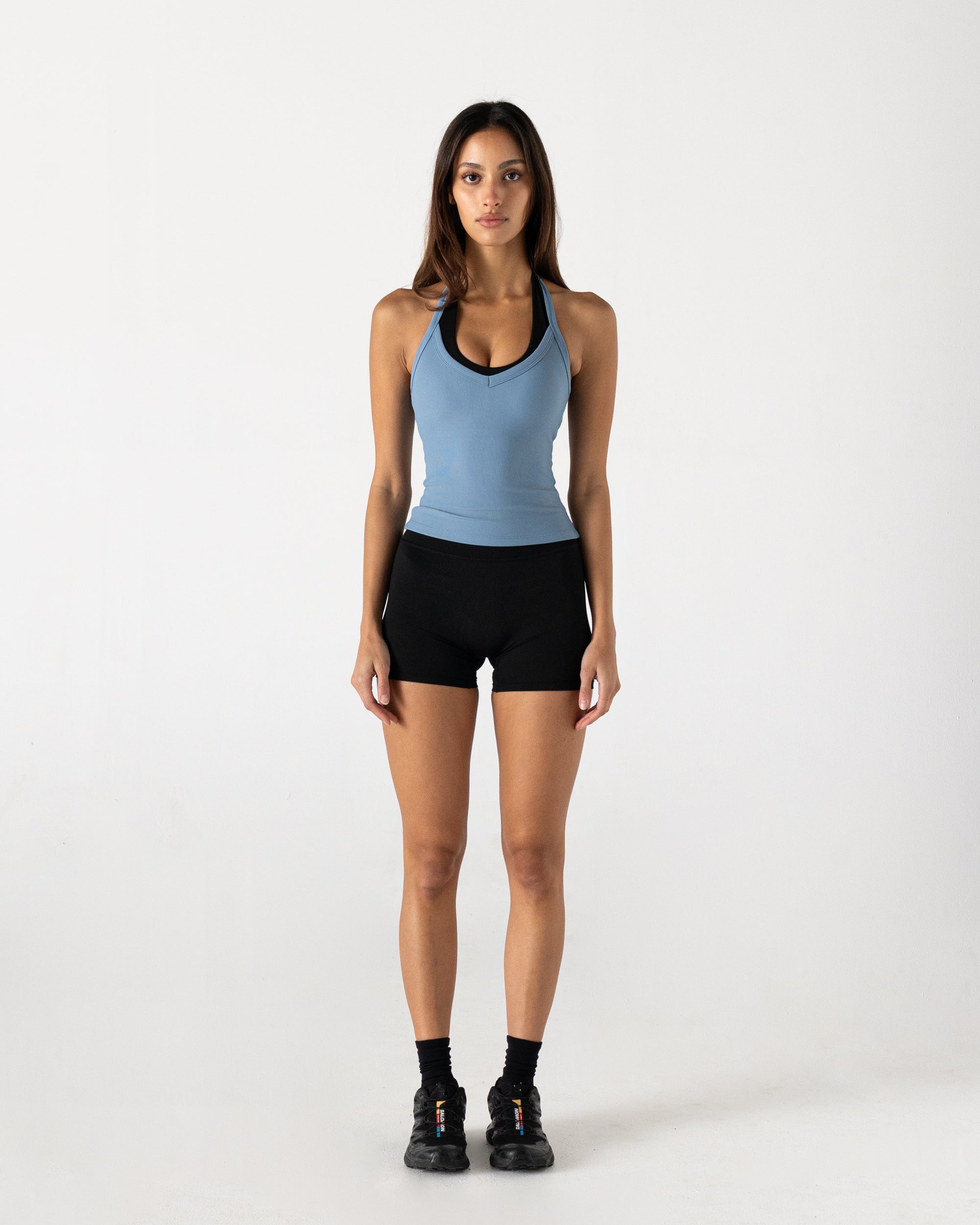 Blue Ribbed Halter Tank - Front View