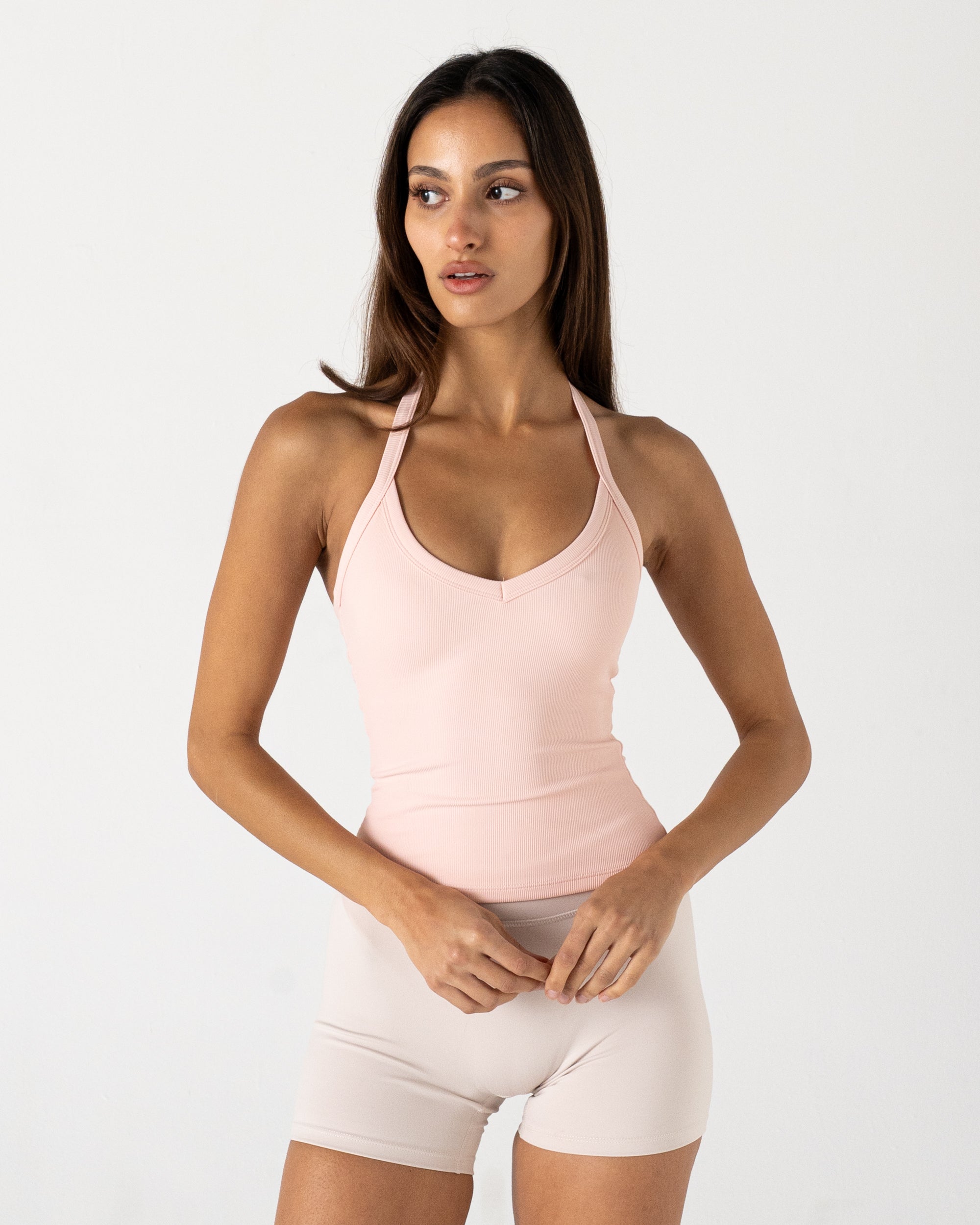 Pink Ribbed Halter Tank - Front View