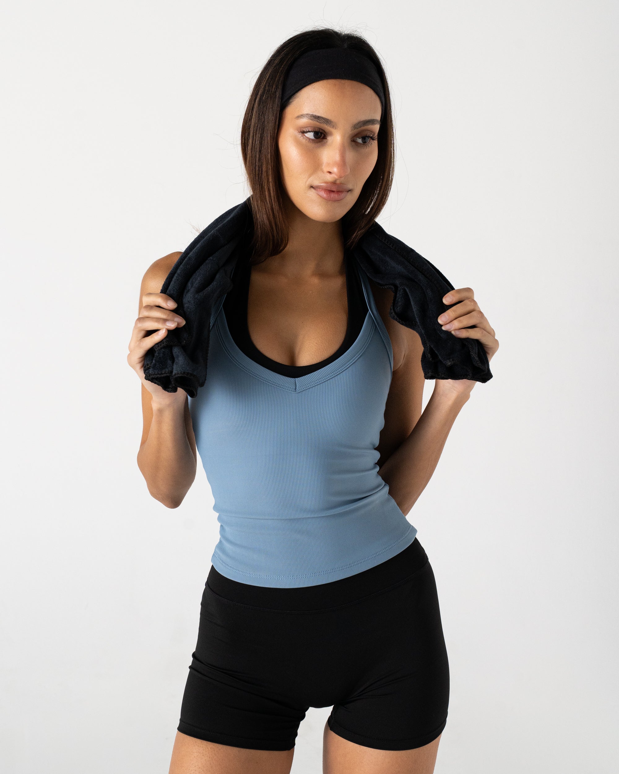 Blue Ribbed Halter Tank - Front View