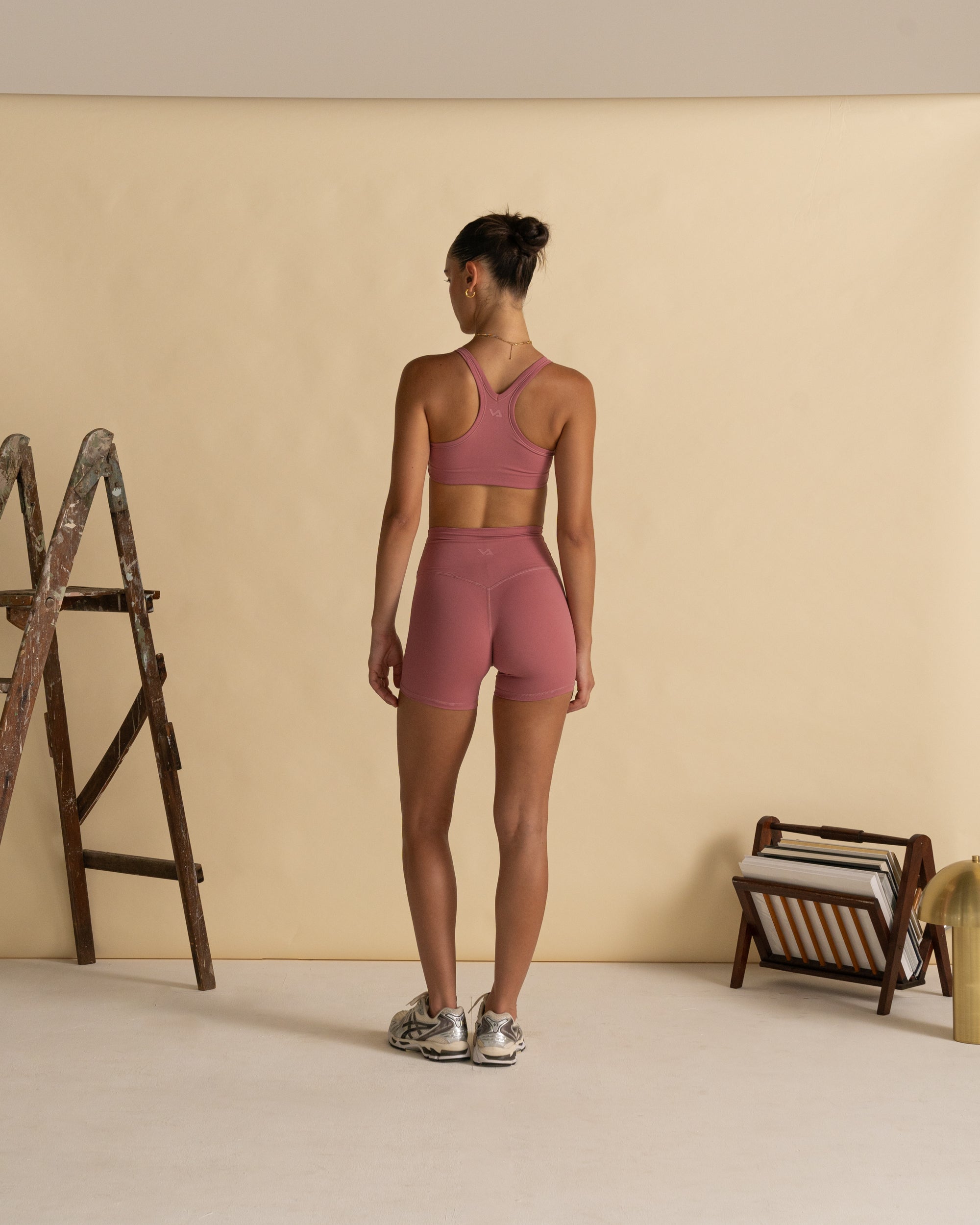 Rhubarb 4" Shorts - Back View, Rhubarb Racer Crop - Front View